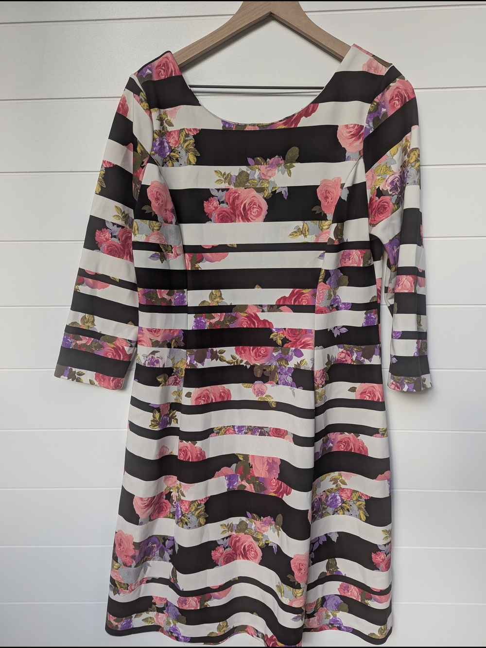 INC International Concepts Black & White Striped Floral Long-Sleeve Dress